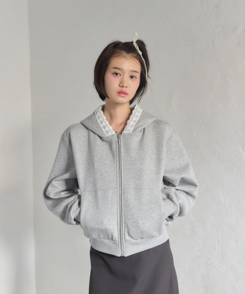 Compact lace zip hoodie / レース付きコンパクトジップ
