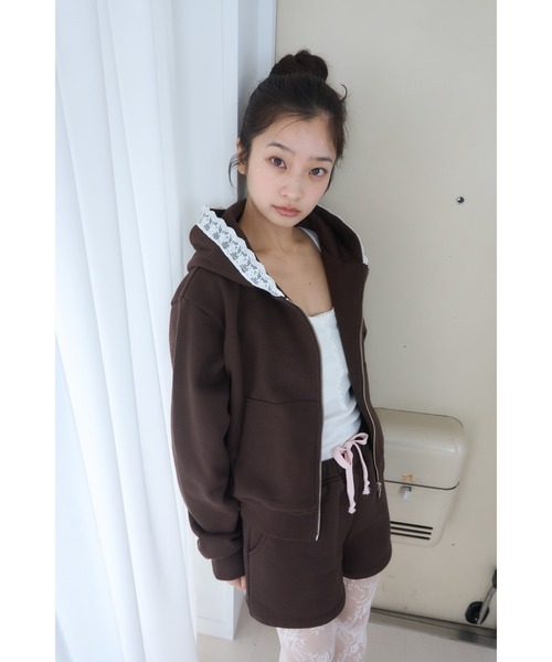 セール】Compact lace zip hoodie / レース付きコンパクトジップ