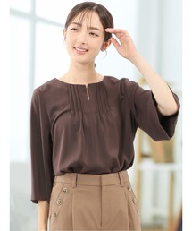 【ストレッチ UVカット イージーケア】m.f.エディトリアル レディース ピンタック 7分袖プルオーバーブラウス