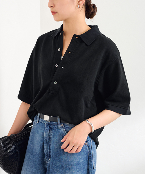 FRAMeWORK(フレームワーク)の「≪追加≫ LOEFF/ロエフ 別注ポロシャツ 2(Tシャツ/カットソー・レディース・ネイビー/ブラック・FREE)」の5枚目の写真