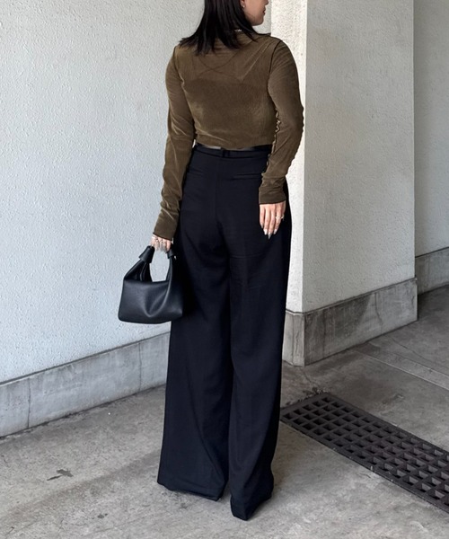 Lui's(ルイス)の「チュールベロアリブシアーメローデザインタートルトップス(Tシャツ/カットソー・レディース・ブラック/カーキ/グレー/オフホワイト・FREE)」の9枚目の写真