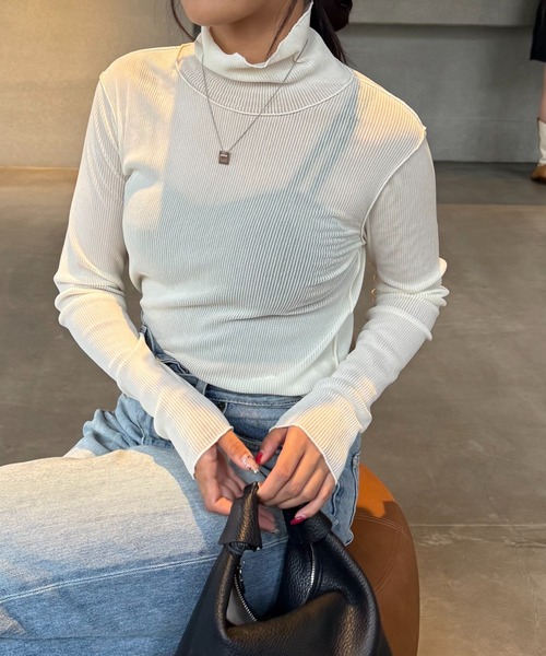 Lui's(ルイス)の「チュールベロアリブシアーメローデザインタートルトップス(Tシャツ/カットソー・レディース・ブラック/カーキ/グレー/オフホワイト・FREE)」の5枚目の写真