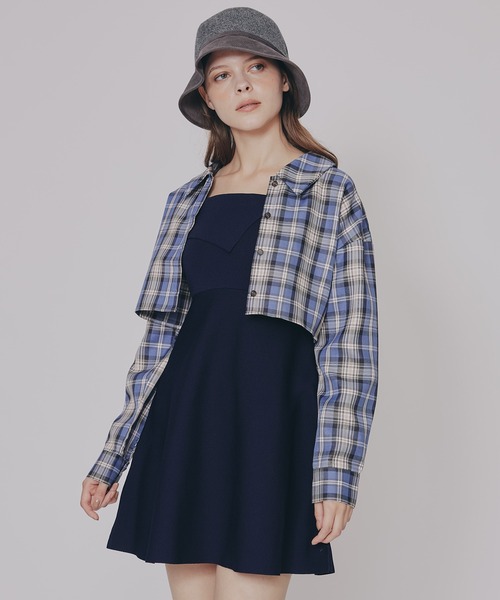 REDYAZEL（レディアゼル）の「チェックショートシャツ×ニットミニワンピース（セットアップ・レディース・ネイビー系/ブラウン系その他/ブルー系その他・FREE）」の3枚目の写真