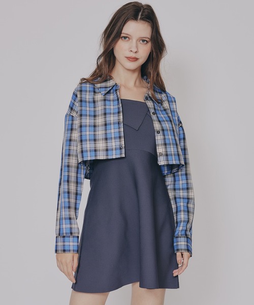 REDYAZEL（レディアゼル）の「チェックショートシャツ×ニットミニワンピース（セットアップ・レディース・ネイビー系/ブラウン系その他/ブルー系その他・FREE）」の2枚目の写真