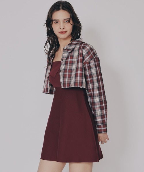 REDYAZEL（レディアゼル）の「チェックショートシャツ×ニットミニワンピース（セットアップ・レディース・ネイビー系/ブラウン系その他/ブルー系その他・FREE）」の20枚目の写真