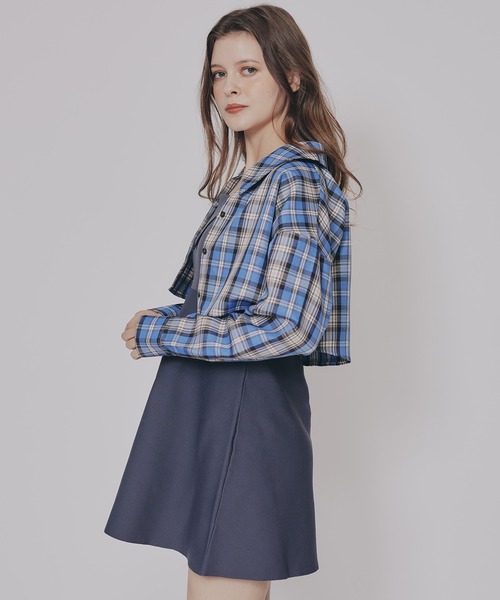 REDYAZEL（レディアゼル）の「チェックショートシャツ×ニットミニワンピース（セットアップ・レディース・ネイビー系/ブラウン系その他/ブルー系その他・FREE）」の7枚目の写真