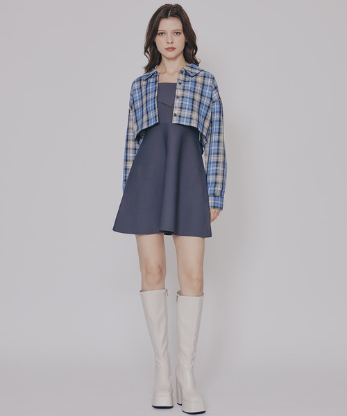REDYAZEL（レディアゼル）の「チェックショートシャツ×ニットミニワンピース（セットアップ・レディース・ネイビー系/ブラウン系その他/ブルー系その他・FREE）」の4枚目の写真