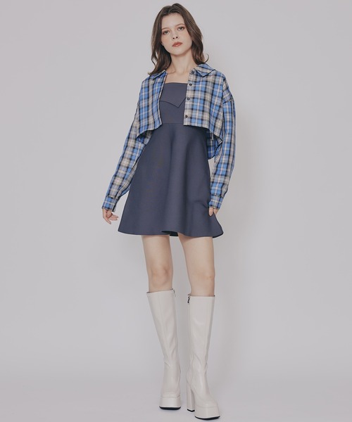 REDYAZEL（レディアゼル）の「チェックショートシャツ×ニットミニワンピース（セットアップ・レディース・ネイビー系/ブラウン系その他/ブルー系その他・FREE）」の6枚目の写真