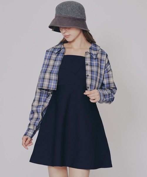 REDYAZEL（レディアゼル）の「チェックショートシャツ×ニットミニワンピース（セットアップ・レディース・ネイビー系/ブラウン系その他/ブルー系その他・FREE）」の12枚目の写真