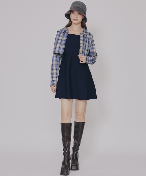REDYAZEL（レディアゼル）の「チェックショートシャツ×ニットミニワンピース（セットアップ・レディース・ネイビー系/ブラウン系その他/ブルー系その他・FREE）」の13枚目の写真