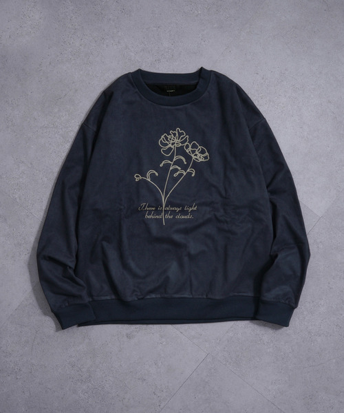 NILWAY（ニルウェイ）の「裏起毛カットスエード フラワーチェーン刺繍クルースウェット（スウェット・メンズ・ブラウン/アイボリー/チャコールグレー/ネイビー系・MEDIUM/LARGE/X-LARGE）」の4枚目の写真