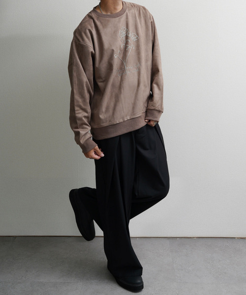 NILWAY（ニルウェイ）の「裏起毛カットスエード フラワーチェーン刺繍クルースウェット（スウェット・メンズ・ブラウン/アイボリー/チャコールグレー/ネイビー系・MEDIUM/LARGE/X-LARGE）」の12枚目の写真