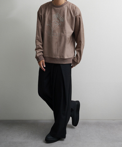 NILWAY（ニルウェイ）の「裏起毛カットスエード フラワーチェーン刺繍クルースウェット（スウェット・メンズ・ブラウン/アイボリー/チャコールグレー/ネイビー系・MEDIUM/LARGE/X-LARGE）」の13枚目の写真