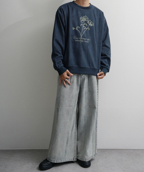 NILWAY（ニルウェイ）の「裏起毛カットスエード フラワーチェーン刺繍クルースウェット（スウェット・メンズ・ブラウン/アイボリー/チャコールグレー/ネイビー系・MEDIUM/LARGE/X-LARGE）」の16枚目の写真