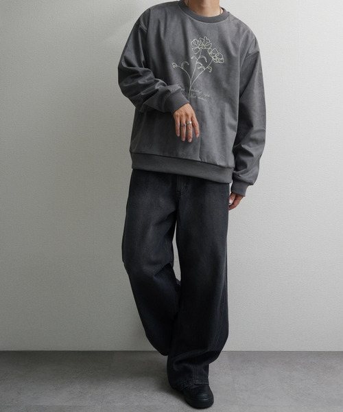 NILWAY（ニルウェイ）の「裏起毛カットスエード フラワーチェーン刺繍クルースウェット（スウェット・メンズ・ブラウン/アイボリー/チャコールグレー/ネイビー系・MEDIUM/LARGE/X-LARGE）」の10枚目の写真