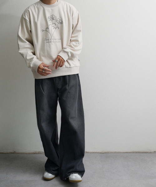 NILWAY（ニルウェイ）の「裏起毛カットスエード フラワーチェーン刺繍クルースウェット（スウェット・メンズ・ブラウン/アイボリー/チャコールグレー/ネイビー系・MEDIUM/LARGE/X-LARGE）」の7枚目の写真