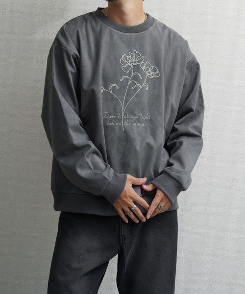 NILWAY（ニルウェイ）の「裏起毛カットスエード フラワーチェーン刺繍クルースウェット（スウェット・メンズ・ブラウン/アイボリー/チャコールグレー/ネイビー系・MEDIUM/LARGE/X-LARGE）」の8枚目の写真