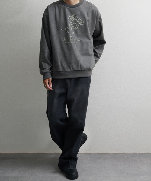 NILWAY（ニルウェイ）の「裏起毛カットスエード フラワーチェーン刺繍クルースウェット（スウェット・メンズ・ブラウン/アイボリー/チャコールグレー/ネイビー系・MEDIUM/LARGE/X-LARGE）」の9枚目の写真