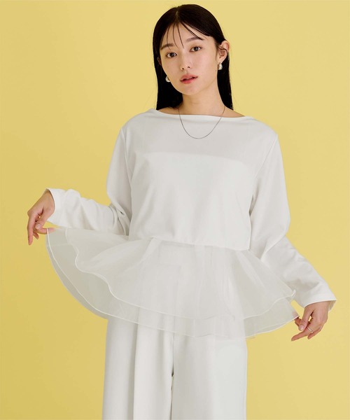 UR'S(ユアーズ)の「チュールドッキングペプラムプルオーバー(Tシャツ/カットソー・レディース・ドット/チャコール/ブラック/ホワイト・S/M/L)」の9枚目の写真