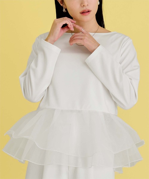 UR'S(ユアーズ)の「チュールドッキングペプラムプルオーバー(Tシャツ/カットソー・レディース・ドット/チャコール/ブラック/ホワイト・S/M/L)」の11枚目の写真