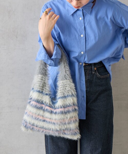 BIRTHDAY BAR（バースデイバー）の「【cache cache カシュカシュ】マルチボーダーファートート（トートバッグ・レディース・ブラック/ブルー/グレー・0）」の2枚目の写真