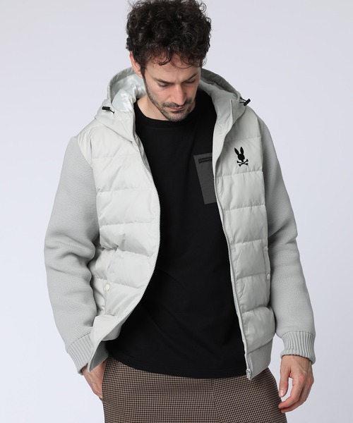 (美品) サイコバニー 2WAYダウンブルゾン 黒×白 総柄 袖着脱可 アーバンテック ニットミックスダウン（ブルゾン）｜Psycho Bunny