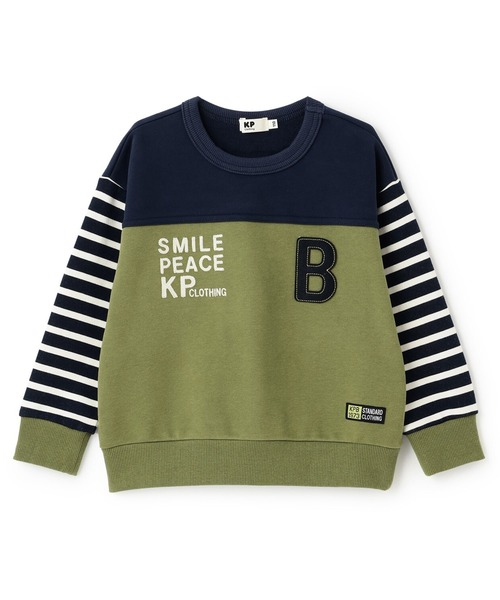 KP BOY(ケーピーボーイ)の「袖ボーダー配色 トレーナー(スウェット・キッズ・カーキ/オレンジ・160cm/140cm/130cm/120cm/110cm/150cm)」の1枚目の写真