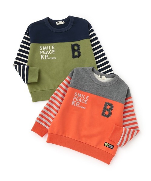 KP BOY(ケーピーボーイ)の「袖ボーダー配色 トレーナー(スウェット・キッズ・カーキ/オレンジ・160cm/140cm/130cm/120cm/110cm/150cm)」の9枚目の写真