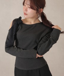 コットン混 シフォン 肩リボン オープンショルダー トップス
