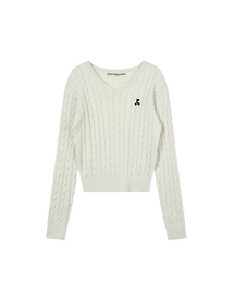 CABLE V-NECK KNIT TOP - IVORY