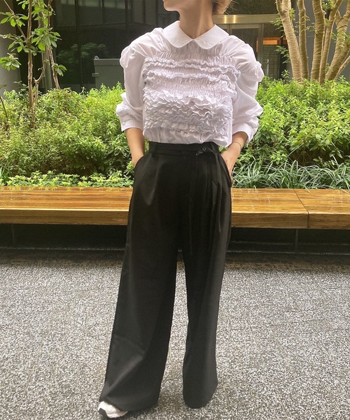 ISOOK（アイスー）の「リボンベルト付きワイドスラックス(comochi select) / ハイウエスト タック ワイドパンツ オフィスカジュアル フルレングス 無地 ブラック 黒（スラックス・レディース・ブラック・FREE）」の3枚目の写真