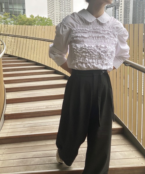 ISOOK（アイスー）の「リボンベルト付きワイドスラックス(comochi select) / ハイウエスト タック ワイドパンツ オフィスカジュアル フルレングス 無地 ブラック 黒（スラックス・レディース・ブラック・FREE）」の5枚目の写真