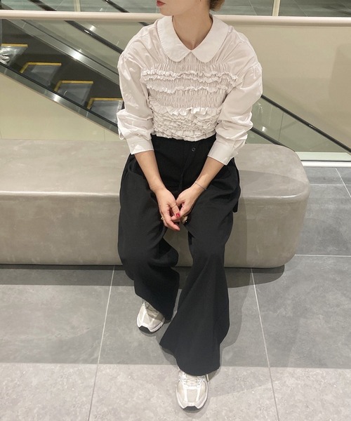 ISOOK（アイスー）の「リボンベルト付きワイドスラックス(comochi select) / ハイウエスト タック ワイドパンツ オフィスカジュアル フルレングス 無地 ブラック 黒（スラックス・レディース・ブラック・FREE）」の7枚目の写真