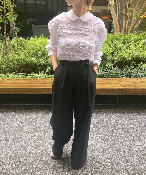 ISOOK（アイスー）の「リボンベルト付きワイドスラックス(comochi select) / ハイウエスト タック ワイドパンツ オフィスカジュアル フルレングス 無地 ブラック 黒（スラックス・レディース・ブラック・FREE）」の9枚目の写真