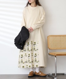 EMAGO お花とライン刺繍ワンピース 長袖