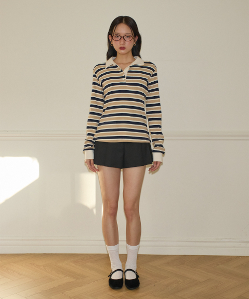 SALON DE YOHN(サロンドヨーン)の「Striped Button Rugby Collar Shirt_ Beige(Tシャツ/カットソー・レディース・その他・SMALL/MEDIUM)」の2枚目の写真