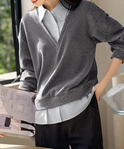 シャツレイヤード風Vネックニットトップス（シャツ/ブラウス）｜ONEP