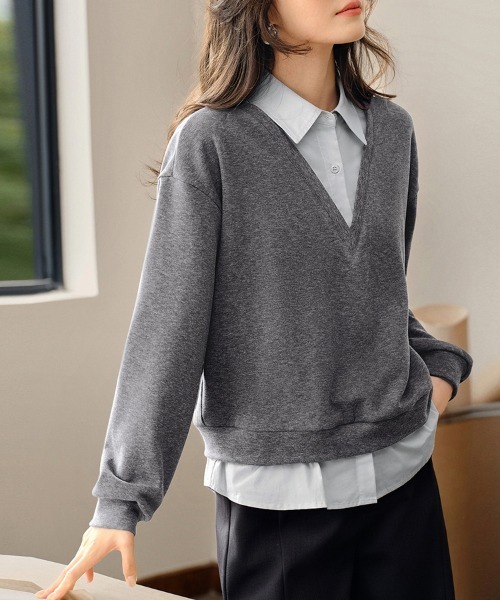 セール】シャツレイヤード風Vネックニットトップス（シャツ/ブラウス