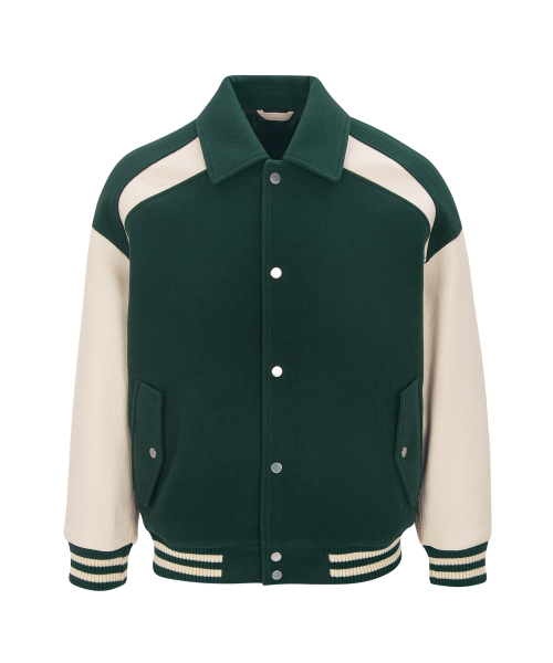 UNGIMMICK(アンジミック)の「LEATHER SLEEVE STADIUM JACKET (GREEN/IVORY)(スタジャン・メンズ・その他・MEDIUM/LARGE)」の1枚目の写真