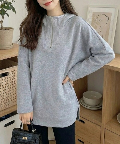 cammie(キャミー)の「ハーフジップトップス(パーカー・レディース・アイボリー/グレー・M/L)」の2枚目の写真