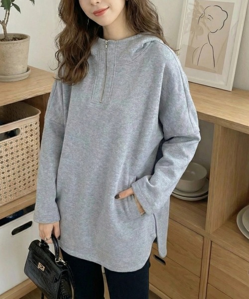 cammie(キャミー)の「ハーフジップトップス(パーカー・レディース・アイボリー/グレー・M/L)」の5枚目の写真