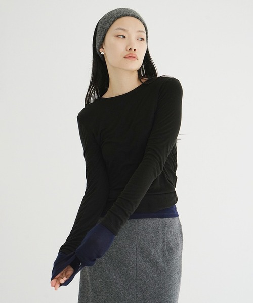 CLANE（クラネ）の「SHEER LAYERED CUT TOPS（Tシャツ/カットソー・レディース・ベージュ/ブラック・1/2）」の19枚目の写真