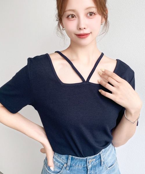 moment+(モーメントプラス)の「テレコリブスクエアホルターネック半袖プルオーバー(Tシャツ/カットソー・レディース・ピンク/ネイビー/アイボリー/ブラック/チャコールグレー・M/L)」の4枚目の写真