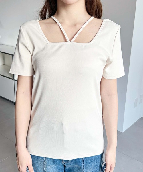 moment+(モーメントプラス)の「テレコリブスクエアホルターネック半袖プルオーバー(Tシャツ/カットソー・レディース・ピンク/ネイビー/アイボリー/ブラック/チャコールグレー・M/L)」の11枚目の写真