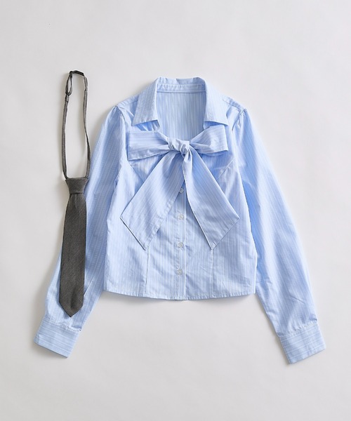 OLIVE des OLIVE（オリーブデオリーブ）の「ネクタイ付きボウタイブラウス（シャツ/ブラウス・レディース・ストライプ/オフホワイト/サックスブルー・FREE）」の9枚目の写真