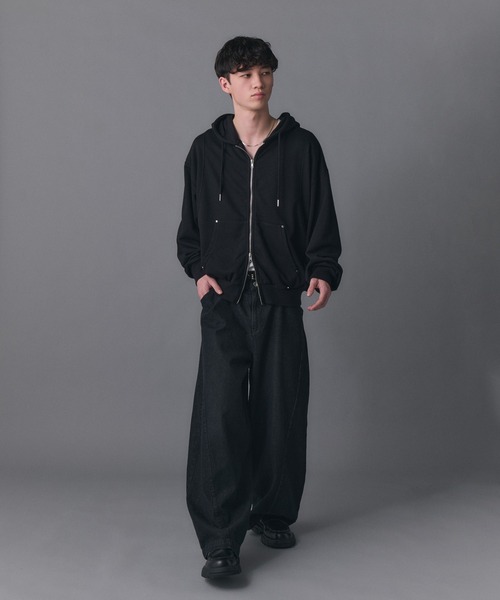 新品未開封★CHANMINA ブラックパーカー Lサイズ ダメージ加工 AOD4 Switching Full Zip Hoodie / スイッチングフルジップパーカー メンズ