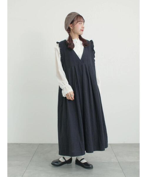 セール】【Cross×Linen】肩フリル前後2WAYジャンパースカート