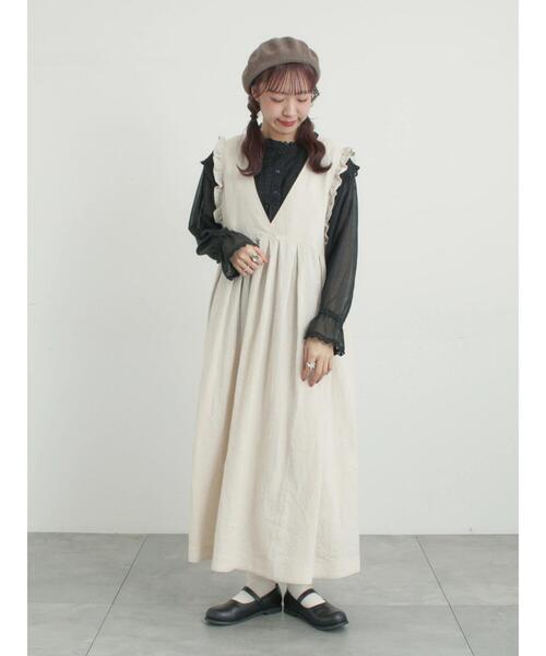 Samansa Mos2（サマンサ モスモス）の「【Cross×Linen】肩フリル前後2WAYジャンパースカート（ワンピース・レディース・ブラック/ベージュ・S/M）」の12枚目の写真