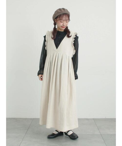 Samansa Mos2（サマンサ モスモス）の「【Cross×Linen】肩フリル前後2WAYジャンパースカート（ワンピース・レディース・ブラック/ベージュ・S/M）」の13枚目の写真