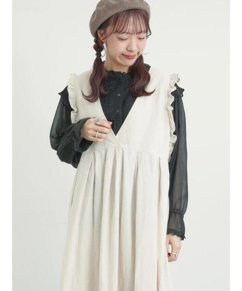 Samansa Mos2（サマンサ モスモス）の「【Cross×Linen】肩フリル前後2WAYジャンパースカート（ワンピース・レディース・ブラック/ベージュ・S/M）」の14枚目の写真